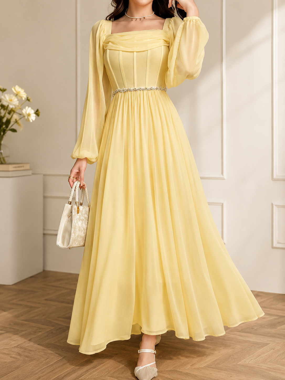 yellow chiffon maxi dress Butter for Women yellow floral dress Sky Blue Bridesmaid Dress blue sequin mini dress Lightweight pleated chiffon fabric Inseam:Long-33