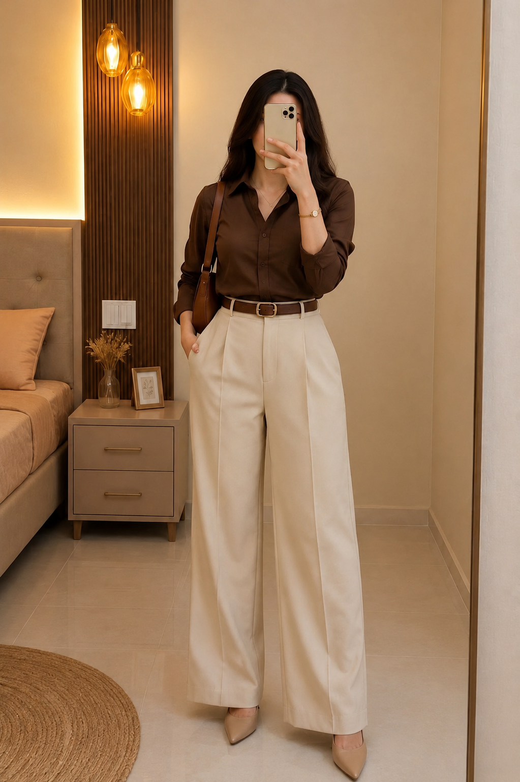 Cocoa Elegance Shirt & Wide-Leg Trouser Co-Ord Set