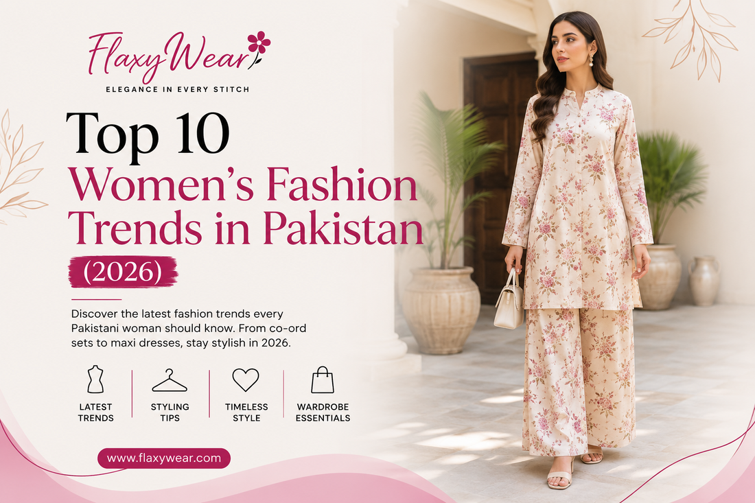 Top 10 Women's Fashion Trends in Pakistan 2026 featuring elegant co-ord sets and modern western wear by FlaxyWear.