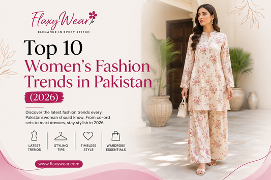Top 10 Women's Fashion Trends in Pakistan 2026 featuring elegant co-ord sets and modern western wear by FlaxyWear.
