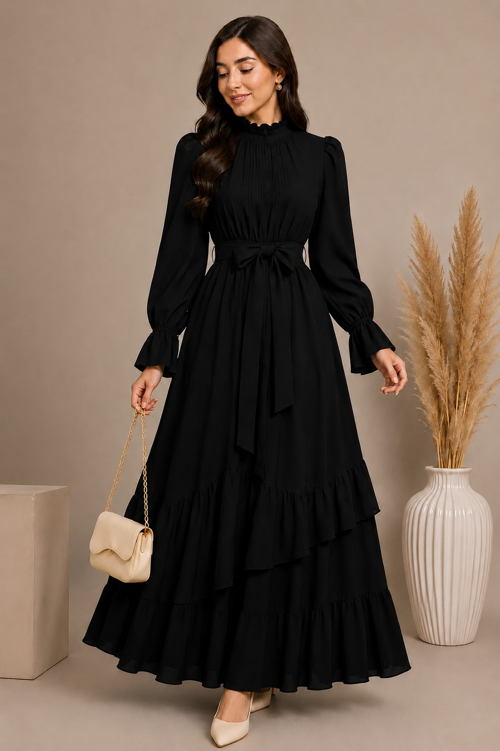 Black Ruffle Maxi Dress for Women – Elegant Long Sleeve Chiffon Maxi Dress by FlaxyWear