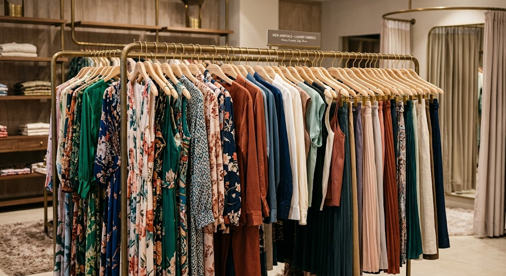 Luxury clothing rack display featuring premium fabric maxis, trendy co-ord sets, tops, and pleated skirts in a high-end boutique setting.