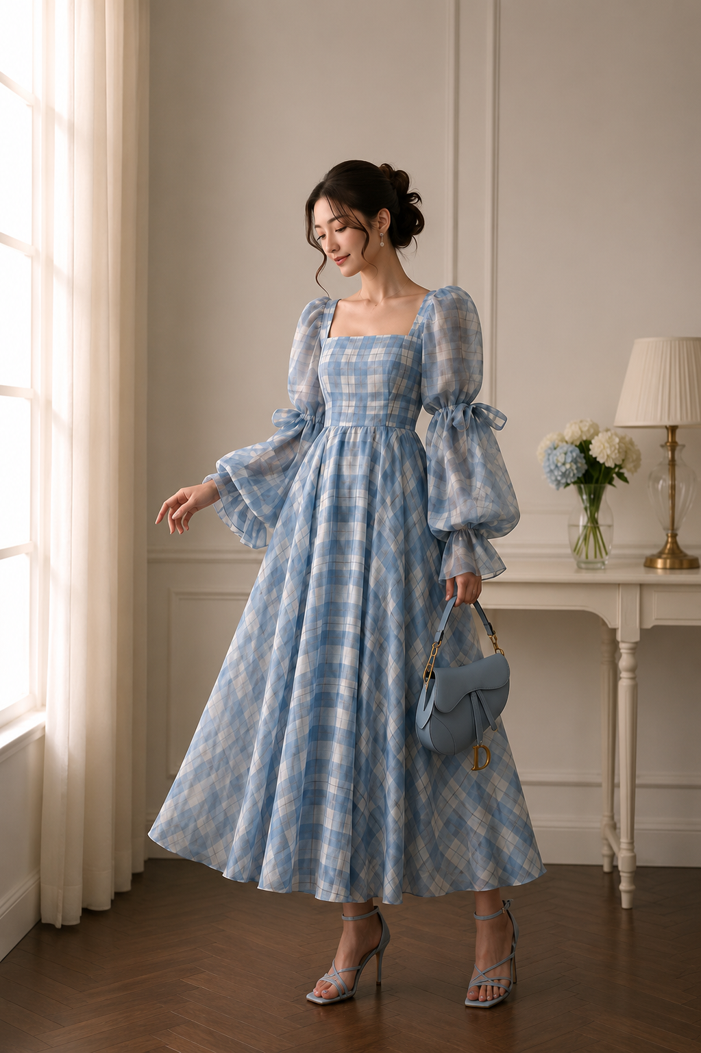 Sky blue checkered puff sleeve maxi dress for women by FlaxyWear