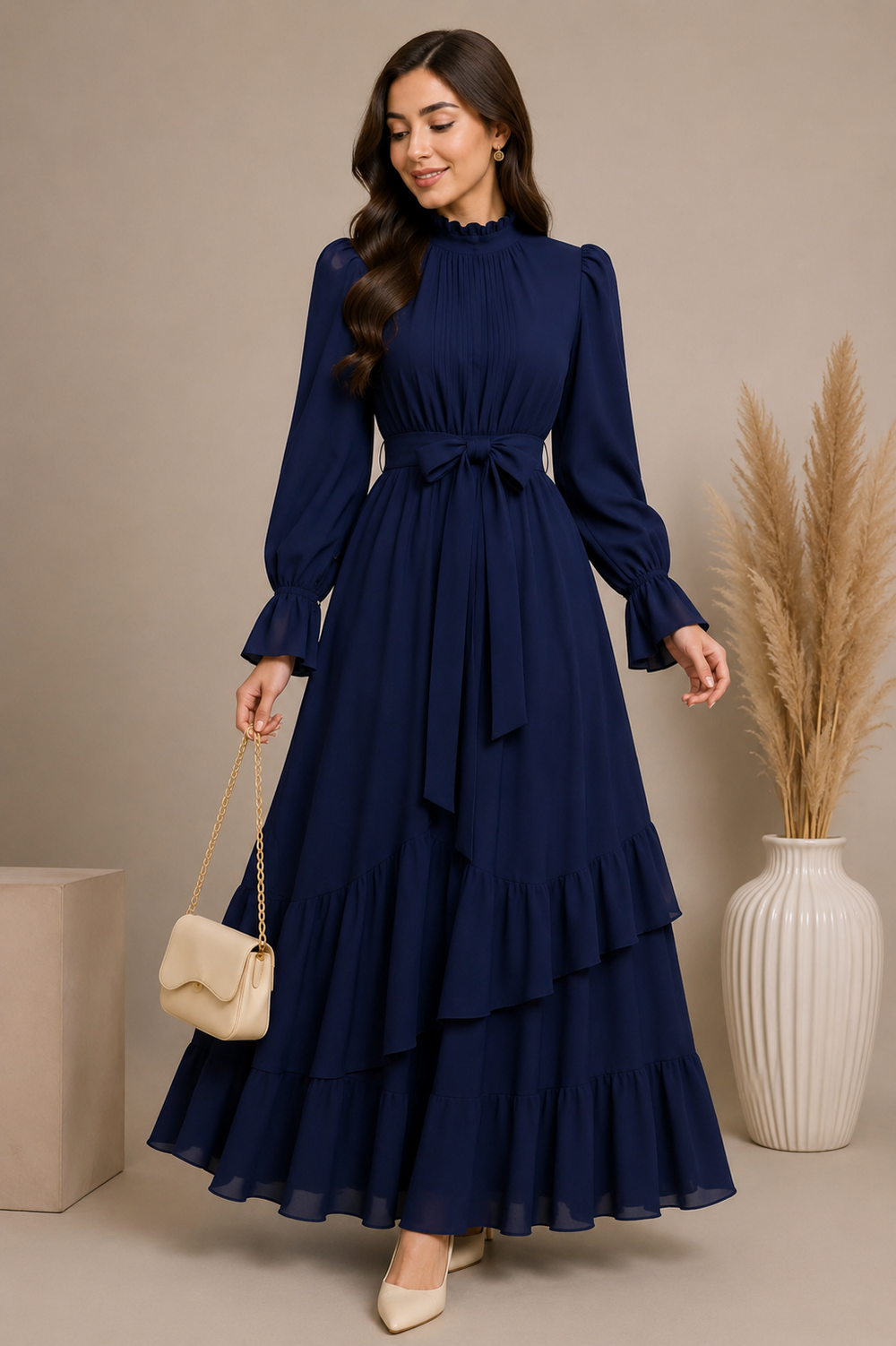 A woman modeling a navy blue long-sleeve maxi dress with a high neck, ruffled sleeves, a matching waist tie, and a tiered skirt. She is holding a small cream-colored handbag and standing in a studio setting with decorative pampas grass in a white vase.