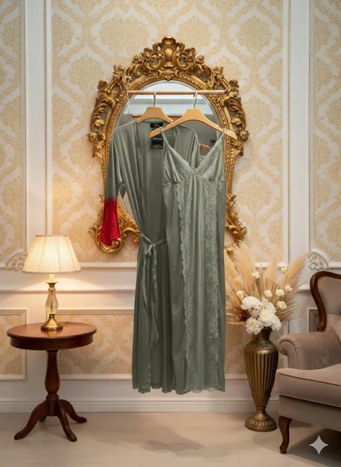 FlaxyWear 3 Piece Satin Lace Nighty Set Green