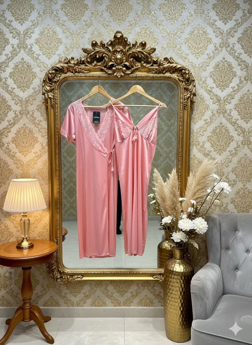 FlaxyWear 3 Piece Satin Lace Nighty Set Pink