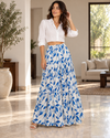 Blue botanical tiered skirt for women front view