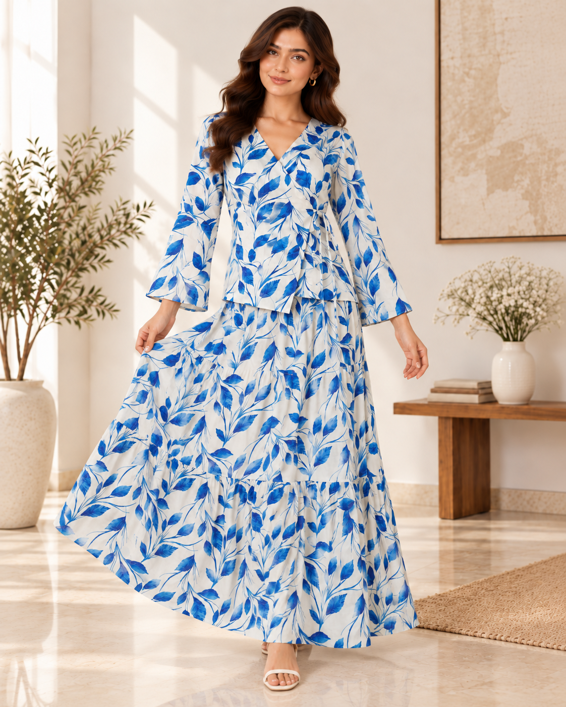 Blue floral leaf print women co ord set featuring stylish top and long skirt by FlaxyWear