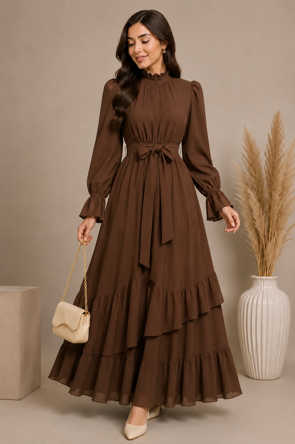 Brown Ruffle Maxi Dress for Women Long Sleeve Chiffon Maxi Dress