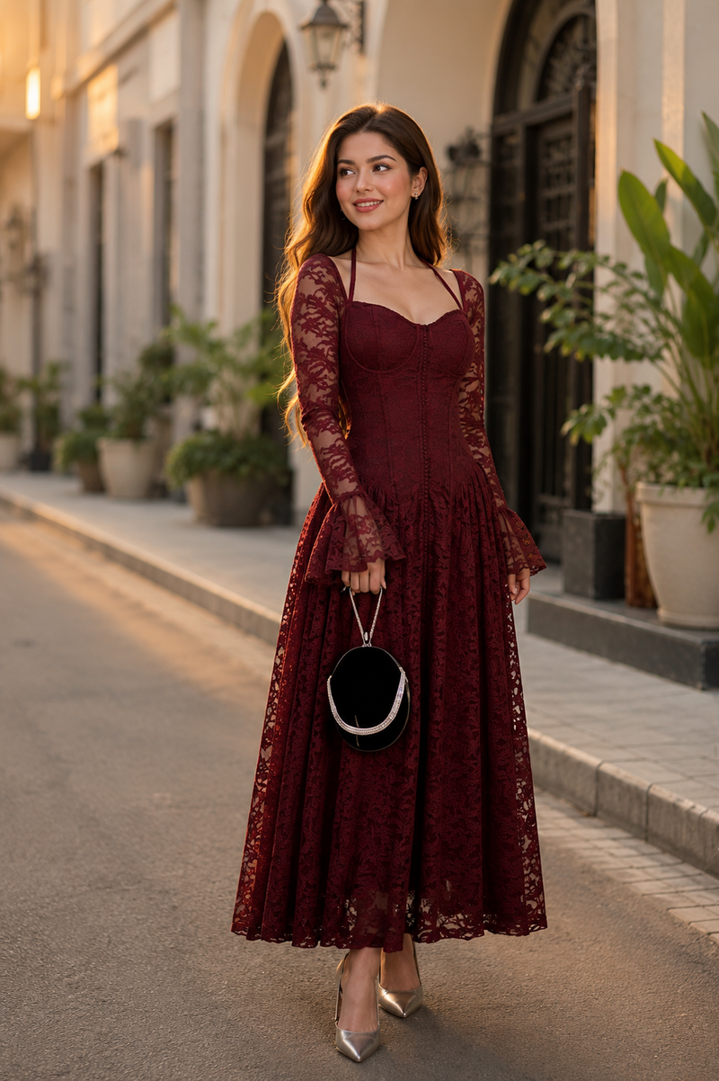 Burgundy lace corset maxi dress for women in Pakistan by FlaxyWear