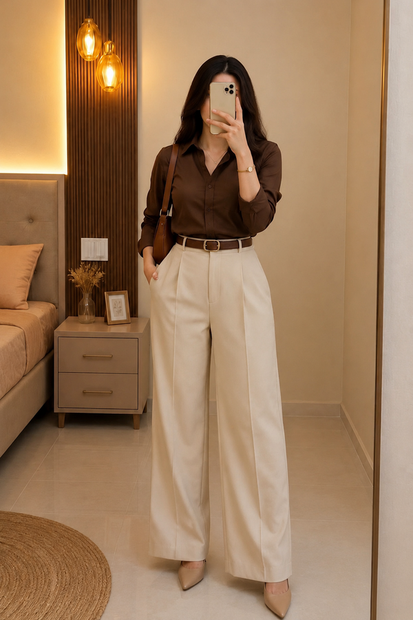 Cocoa Elegance Shirt & Wide-Leg Trouser Co-Ord Set