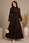 Dark Brown Ruffle Maxi Dress for Women – Long Sleeve Chiffon Maxi Dress