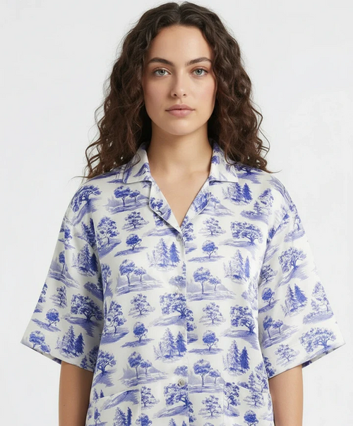 FlaxyWear Blue Meadow Drop Shoulder Silk Pajama Suit – Luxury Nightwear Set for Women