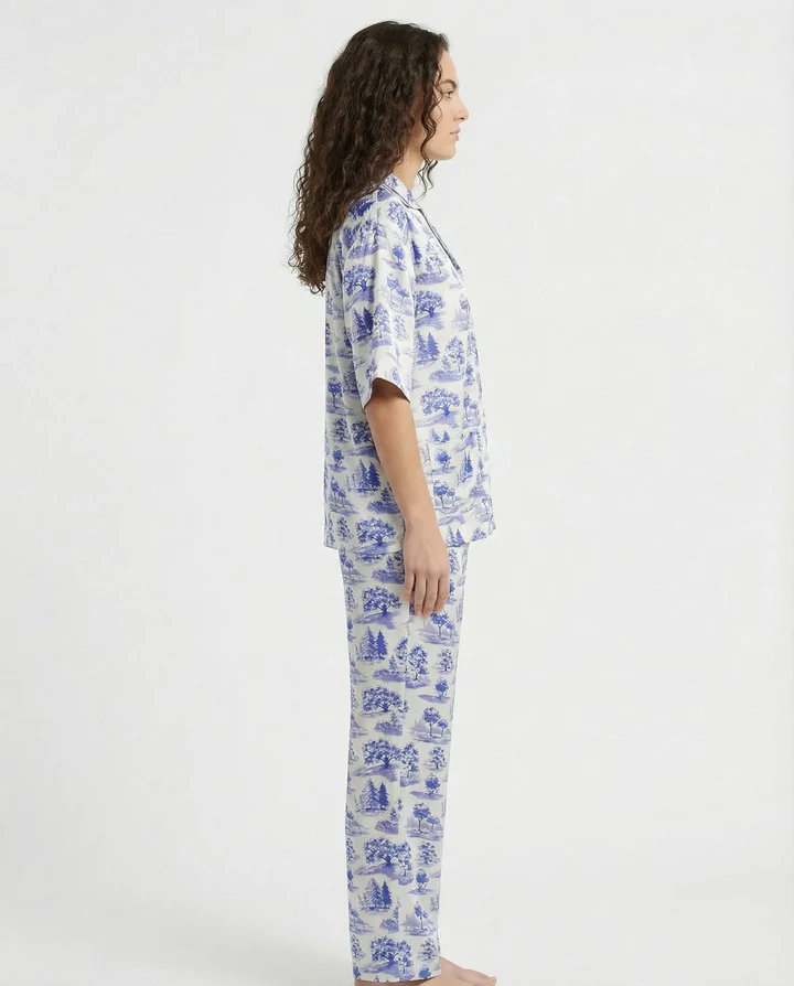 FlaxyWear Blue Meadow Drop Shoulder Silk Pajama Suit – Luxury Nightwear Set for Women