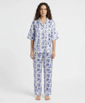 FlaxyWear Blue Meadow Drop Shoulder Silk Pajama Suit – Luxury Nightwear Set for Women