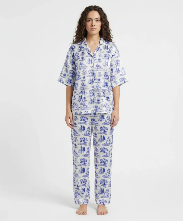 FlaxyWear Blue Meadow Drop Shoulder Silk Pajama Suit – Luxury Nightwear Set for Women
