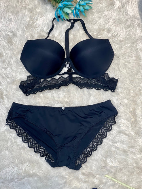 FlaxyWear  Padded Lace Bra & Panty Set – Front Closure Push-Up Bra with Triple Strap Back