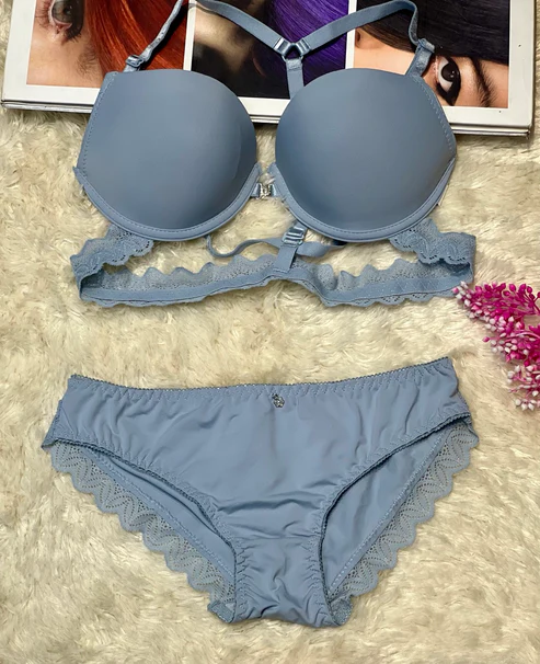 FlaxyWear  Padded Lace Bra & Panty Set – Front Closure Push-Up Bra with Triple Strap Back