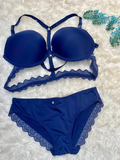 FlaxyWear  Padded Lace Bra & Panty Set – Front Closure Push-Up Bra with Triple Strap Back