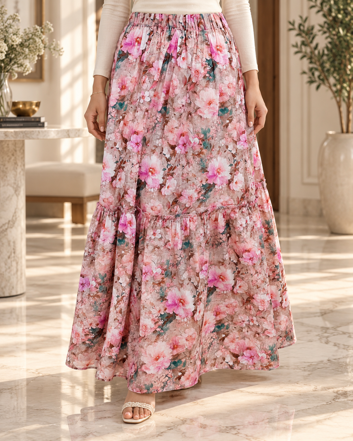 Seated model wearing the Blush Bloom floral maxi skirt, showing the drape and wide tiered hem.