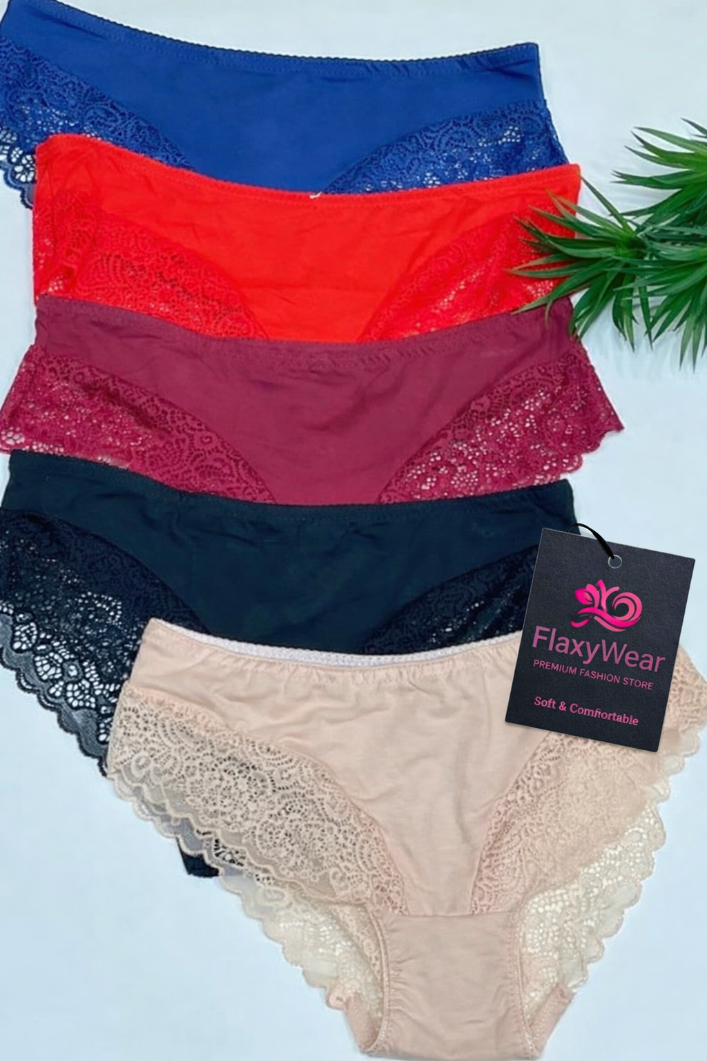 FlaxyWear Lace Trim Cotton Panty Pack  – Soft Comfortable Women Underwear