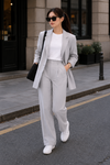 FlaxyWear light grey blazer co-ord set for women with tailored trousers and premium modern style