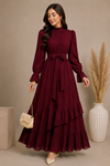 Maroon Ruffle Maxi Dress for Women  Long Sleeve Chiffon Maxi Dress