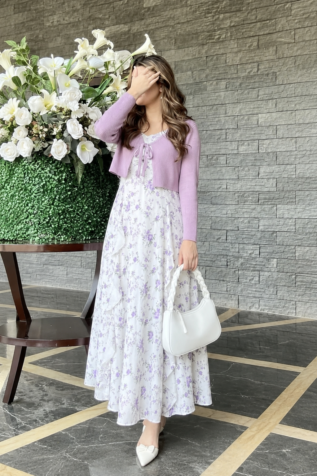 Lavender Floral Maxi Dress with Knit Cardigan