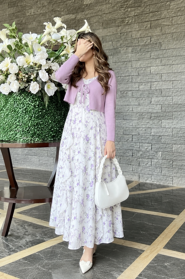 Lavender Floral Maxi Dress with Knit Cardigan