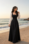 Midnight Black Contrast Sleeve Maxi Dress with sheer white sleeves by FlaxyWear