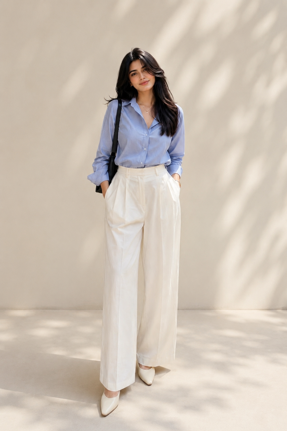 Sky blue button-down shirt with ivory high-waisted wide-leg trouser co-ord set for women